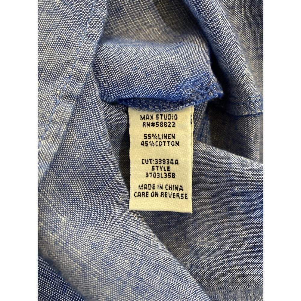 Max Studio Blue Long Sleeve Henley Linen Blend Popover Size Small Rolled Sleeve - Picture 11 of 11